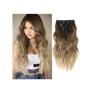 REECHO 4PCS Clip In Hair Extensions HE001 Ombre Blonde Brown Highlights 20" Wavy